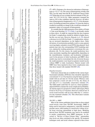 (I2
= 40%). Estimates of m showed no indications of heteroge-
neity (p  0.1, I2
= 0). The source of heterogeneity in both n and
TD50 was the study from the M. D. Anderson Cancer Center
(10). If that data set was excluded, the best estimate of TD50 be-
came 78.5 (75.2–81.8) Gy. Other parameters remained the
same to 10% in the conﬁdence intervals; however, all indica-
tions of heterogeneity disappeared (p  0.1,I2
= 0 for all param-
eters). Excluding prostatectomy patients (24) from the analysis
resulted in essentially no change in the overall best estimates of
parameter values or in measure of heterogeneity.
It is notable that the LKB parameters from studies of Grade
$3 late rectal bleeding (24, 27) (Table 1) are broadly similar
to those above. It might be expected that the dose response
for Grade 3 complications should be shifted to higher doses,
but this was not seen. However, Rancati et al. (24) showed
a decrease in n (to 0.06) for Grade $3 complications, indicat-
ing an increased dependence on the highest doses. Daily
deviations of rectal position probably result in some patients
receiving higher cumulative rectal DVHs than planned. Such
patients may skew the corresponding NTCP modeling anal-
ysis, making the resulting parameters overestimate the com-
plication risk. For this reason, the model predictions have
some uncertainty regarding their applicability depending on
the immobilization, treatment, and localization techniques
used. In the presence of daily localization and IMRT, these
models may tend to overestimate the risk of toxicity because
the model parameters were based on patients treated mostly
without IMRT or daily localization. Patients treated with
IMRT have been reported to have lower complication rates
than those treated with standard 3D-CRT (20).
Hypofractionation
Until more clinical data are available for the various hypo-
fractionated schedules, DVH dose bins should be adjusted to
conventional 1.8- or 2-Gy fractions using the linear-quadratic
model with an a/b ratio of 3 for the rectum. Whereas some
have proposed a rectal a/b ratio of 5.4 Gy, the choice of
a/b ratio of 3 is a reasonably conservative estimate (29).
The LKB model could then be used on a linear-quadratic–
adjusted DVH to estimate the rectal complication probability.
An interim report of a prospective robotic radiosurgery Phase
II trial of 36.25 Gy in 5 fractions observed a reduced rate of
severe rectal toxicities with an every-other-day vs. consecu-
tive-day treatment schedule (30). This observation warrants
further exploration.
3D-CRT vs. IMRT
Most of the mature published clinical data on dose-related
rectal toxicity come from 3D-CRT. Increasingly, IMRT is
being used to treat pelvic malignancies, especially localized
prostate cancer, often leading to a much lower volume of rec-
tal tissue receiving intermediate to high doses. Modeling
derived from 3D-CRT treatments may need to be modiﬁed
to predict complications from IMRT treatments. As dis-
cussed in ‘‘Review of Dose–Volume Data,’’ intermediate
dose levels are often correlated to the speciﬁc 3D treatment
techniques used, and rectal volumes exposed to these doses
Table1.Descriptionofendpoints,studydetails,andLyman-Kutcher-Burmanparametersforpublishedanalyses(Continued)
Authors(reference)Endpoint
No.ofcenters/timeperiod
studied/RTtechniqueIncidence,%(n)
Totalprescribed
dose(Gy)/fraction
size(Gy)
Parameters
(68%CI)[95%CI]RectalDVH
Burmanetal.(23)Severeproctitis,necrosis,
ﬁstula,andstenosis**
n=0.12
m=0.15
TD50/5=80Gy
*Grade2isdeﬁnedas‘‘moderatediarrheaandcolic;bowelmovement5timesdaily;excessiverectalmucusorintermittentbleeding’’(2),startingorpersisting120daysafterstartoftherapy.
y
ChronicrectalbleedingthatexcludesGrade1bleedingdeﬁnedas‘‘mildhemorrhage/bleeding;intervention(otherthanironsupplements)notindicated.’’
z
ExcludesGrade1or‘‘slight’’bleeding(#2weeks).Latecomplicationsweredeﬁnedasthosedeveloping3monthsafterthecompletionofthetherapy,orthosestartingbeforeandpersisting
for3monthsafterthecompletionoftherapy.
x
Grade3deﬁnedasasinglecoagulationprocedureand/ortransfusion.Latecomplicationsweredeﬁnedasthosedeveloping3monthsafterthecompletionofthetherapyorthosestarting
beforeandpersistingfor3monthsafterthecompletionoftherapy.
k
Bleedingrequiringlasertreatmentortransfusionofpackedcellsandstarting120daysafterthestartoftherapy.
{
Twopatientsreceivedintensity-modulatedradiotherapy.
#
ExcludesGrade1toxicitydeﬁnedasexcessbowelmovementstwicebaselineand/orslightrectaldischargeorblood.
**BasedontheEmamietal.rectaltoleranceestimatesin1991(36)andprovidedforhistoricalpurposesonly.
Abbreviations:RT=radiotherapy;CI=conﬁdenceinterval;DVH=dose–volumehistogram;RTOG=RadiationTherapyOncologyGroup;3D-CRT=three-dimensionalconformalradio-
therapy;TD50/t=radiationdosethatwouldresultina50%riskofseverecomplicationswithintyearsafterirradiation;CTCAE=CommonTerminologyCriteriaforAdverseEvents;?
=deduced
usingamethodthatyieldssmalleruncertaintiesthanthoseoftheotherstudies.
AllstudiesareprospectiveexceptRancatietal.
Rectal Radiation Dose-Volume Effects d J. M. MICHALSKI et al. S127
 