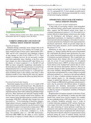 CURRENT APPROACHES AND STATUS OF
NORMAL TISSUE TOXICITY IMAGING
Anatomical imaging
Radiation therapy commonly causes changes that can be
detected by planar X-ray or CT imaging. For example, in pa-
tients treated for lung or breast cancer, approximately 50%–
100% and 0%–63%, respectively, have radiologic evidence
of lung damage via chest X-ray (CXR) or CT (2). These
changes in imaging, however, do not necessarily correlate
well with symptomatic injury. Similarly, in the liver, radio-
logic changes are often evident post-RT either before or in
the absence of clinical symptoms (3, 4). Post-RT CT and
MRI can detect nonspeciﬁc morphologic abnormalities in
the brain that may reﬂect RT-induced tumor or normal tissue
inﬂammation/necrosis or surgery-induced changes (e.g., en-
hancement along the resection margin) (5). A principal limi-
tation of deﬁning injury in this manner is that injury is often
identiﬁed months to years following RT when any opportu-
nity to intervene to ameliorate the effects has likely been lost.
Functional and molecular imaging
Functional imaging may provide an in vivo model of RT
effects on both tumors and normal tissues. The potential ad-
vantage of functional and molecular imaging over anatomic
imaging is that it may be more physiologically and clinically
important and may better reﬂect underlying pathophysiologic
processes. Many functional and molecular imaging modali-
ties have been used to monitor normal tissue responses, the
most common being ﬂuorodeoxyglucose positron emission
tomography (FDG-PET), although other isotopes have also
been used (e.g., 15
O for monitoring of blood ﬂow changes).
Single photon emission computed tomography (SPECT) is
often used to measure perfusion but can also be used to image
radiolabeled receptors overexpressed in certain tumors. MRI
has become useful to assess functional metrics such as re-
gional perfusion (i.e., in the heart), ventilation (i.e., in the
lung), and metabolic states (i.e., with MR spectroscopy).
Functional MRI (fMRI) has the ability to assess regional
brain activity in response to stimuli. Data for several organ
systems such as lung (6–8), heart (9–13), liver (14, 15), brain
(16–19), and parotid (20, 21) have already revealed correla-
tions of radiation dose with changes measurable by a variety
of functional imaging modalities.
OPPORTUNITY AND FUTURE FOR NORMAL
TISSUE TOXICITY IMAGING
Imaging as a precursor of injury manifestation
A large body of converging evidence, from histopathol-
ogy, molecular biology, animal models, and clinical observa-
tions, suggests that RT-induced normal tissue injury is
a dynamic and progressive process (1, 22). Given that it is ex-
tremely difﬁcult to obtain human normal tissue after irradia-
tion for histological and biological analysis and for
longitudinal examination, it is important to establish in vivo
functional and molecular imaging as a biomarker for early as-
sessment and prediction of delayed or late organ dysfunction.
Preclinical experiments, which can provide unique data on
normal tissue injury dynamics, can be extremely helpful in
this process (23, 24).
Identifying an early sign or precursor of normal tissue
damage, e.g., during or shortly after the course of fractionated
RT, could predict the delayed organ dysfunction. For exam-
ple, cardiac functional imaging may allow for early detection
of treatment-associated dysfunction. This is particularly im-
portant because these changes often do not manifest clini-
cally for at least 10 years posttreatment (25). In patients
treated for breast cancer, SPECT can detect myocardial per-
fusion defects in the irradiated left ventricle that are associ-
ated with wall motion abnormalities. However, there are no
systematic changes in either ejection fraction or clinical car-
diac events. Similarly, although SPECT lung perfusion imag-
ing has been used quantitatively to relate changes in regional
perfusion/ventilation (e.g., function) to the regional radiation
dose (6–8), there is limited correlation between the sum of
these regional injuries (i.e., the integrated response) and
changes in global lung function (e.g., pulmonary function
tests). Changes in MRI-deﬁned gadolinium enhancement ki-
netics may be associated with different phases of radiation
pneumonitis (26). Similarly, abnormalities in FDG-PET
studies may relate to symptomatic pneumonitis and provide
an objective measure of interpatient variability of biological
response (27–29).
Reoptimization of treatment strategies on the basis of indi-
vidual patients’ risks and beneﬁts is another area that could
beneﬁt from normal tissue toxicity imaging. For example,
the basic pathophysiology of RT-induced liver disease is ve-
nous occlusion. Symptoms generally occur 2 weeks to
2 months following completion of RT, and the clinical out-
come ranges from mild, reversible damage to death. There-
fore, early monitoring of venous perfusion would have the
potential to select patients with preclinical signs of perfusion
changes before the onset of symptomatic RT-induced injury.
It has been shown that the reduction in regional portal venous
perfusion during the course of radiation therapy and local
dose distribution in the liver are two independent predictors
Local
tissue damage
Clinical
Normal tissue effects
IMAGING
Imaging biomarker as
a surrogate endpoint
Imaging biomarker
Subclinical
Manifestation
Organ dysfunction
Imaging as a biomarker
ResolutionLocal
tissue damage
IMAGING
Imaging biomarker as
a surrogate endpoint
Imaging biomarker
Organ dysfunction
Fig. 1. Relation between normal tissue effects and their clinical
manifestation and role of imaging to assess the effects.
Imaging for assessment of normal tissue effects d R. JERAJ et al. S141
 