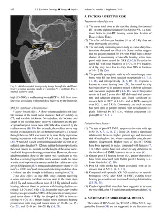 high (63–70 Gy), and hearing loss (DBCT $15 db from base-
line) was associated with total dose received by the inner ear.
SRS for vestibular schwannomas
Volume–length effect. A dose–volume analysis is not feasi-
ble because of the small nerve diameter, lack of visibility on
CT, and variable thickness. Nevertheless, the location and
length of the cochlear nerve involved with tumor and the pre-
scription/marginal tumor dose reﬂect the dose received by the
cochlear nerve (16, 19). For example, the cochlear nerve may
receivelessradiationifitliesonthetumorsurfacevs.ifitpasses
through the core. SRS was found to be more likely to preserve
hearing in patients with small VS (3 cm) vs. larger lesions
(20). When SRS is used to treat intracanalicular VS with an ir-
radiated nerve length of 4–12 mm, neither the tumor position in
the canal (lateral vs. medial) nor the length of the nerve corre-
lated with long-term hearing preservation. However, the mar-
ginal/prescription dose to the tumor was signiﬁcant as was
the dose extending beyond the tumor volume inside the canal
wasthemostimportantfactorresponsibleforcochlearnervein-
jury in SRS patients (13). Intracanalicular tumor volume (100
mm3
vs. $100 mm3
) and intracanalicular integrateddose (dose
Â volume) are also thought to inﬂuence hearing loss (21).
Total dose effect. In one SRS study, patients receiving
a mean maximum cochlear nucleus dose in the brain stem
of 6.9 Gy and mean cochlear dose of 9.1 Gy retained useful
hearing, whereas those in patients with hearing declines re-
ceived 11.1 Gy and 7.8 Gy (22). In another study, serviceable
hearing was preserved in 100% of the patients receiving mar-
ginal tumor doses #14 Gy but dropped to 20% in those re-
ceiving 14 Gy (13). Other studies noted increased hearing
preservation with marginal tumor doses of 10–16 (vs. 25)
Gy (23), and 12–14 (vs. 16–20) Gy (24, 25).
5. FACTORS AFFECTING RISK
Treatment-related factors
(1) The mean total dose to the cochlea during fractionated
RT, or to the eighth cranial nerve in SRS for VS, is a dom-
inant factor in post-RT hearing status (see Review of
Dose–volume Data).
(2) The effect of dose per fraction (# or 2.0 Gy) has not
been thoroughly described.
(3) The one study comparing once-daily vs. twice-daily frac-
tionation observed no effect (4). Some studies suggest
that the patients treated for VS with FSRT have a better
chance of maintaining serviceable hearing when com-
pared with those treated by SRS (23–25). Hypofractio-
nated RT with four fractions of 5 Gy, or ﬁve fractions
of 4 Gy, may have less toxicity than SRS in fractions
of 10–12 Gy (26).
(4) The possible synergistic toxicity of chemotherapy com-
bined with RT has been studied prospectively (5, 7, 8,
11, 18), and retrospectively (4, 6, 10, 12). Cisplatin is
known to cause hearing loss (24). Increased toxicity
has been observed in patients treated with both adjuvant
and concurrent cisplatin-RT (4, 6, 18). Low (18) reported
results at 1 and 2 years after RT delivered with concur-
rent and adjuvant cisplatin and found signiﬁcant in-
creases both in BCT at 4 kHz and in BCTs averaged
over 0.5, 1, and 2 kHz. Conversely, no such increase
has been seen in patients treated with neoadjuvant cis-
platin followed by RT (i.e., without concurrent cis-
platin/RT) (7, 8, 11).
Patient-related factors
(1) The rate of post-RT SNHL appears to increase with age
(50) (4, 5, 7, 10, 11, 27). Grau (28) found a signiﬁcant
relationship between higher patient age and increased
risk of hearing loss, but, when corrected for dose, the cor-
relation disappeared. Higher rates of post-RT SNHL
have been reported in males compared with females (7,
11). Other studies have not observed any difference in
the incidence of SNHL between sexes or races (4).
(2) Greater post-RT hearing losses (i.e., greater thresholds)
have been associated with better pre-RT hearing (i.e.,
lower thresholds) (5, 10).
(3) Post-RT otitis media has been associated with an in-
creased risk of SNHL (4, 7, 11).
(4) Compared with sporadic VS, VS secondary to neuroﬁ-
bromatosis (NF2) after SRS or FSRT exhibits lower
hearing preservation and increased hearing deterioration
(23, 29, 30).
(5) Cerebral spinal ﬂuid shunt has been suggested to increase
the risk of HL after RT in children and perhaps adults (31).
6. MATHEMATICAL/BIOLOGICAL MODELS
The values of TD5/5 = 60 Gy, TD50/5 = 70 for SNHL sug-
gested by Emami (34) are not supported in the literature and
Fig. 2. Axial computed tomography image through the skull base.
EAC = external acoustic canal; C = cochlea; V = vestibule; IAC =
internal auditory canal.
S52 I. J. Radiation Oncology d Biology d Physics Volume 76, Number 3, Supplement, 2010
 
