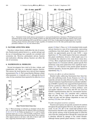 5. FACTORS AFFECTING RISK
Non-dose–volume factors could affect the risk of xerosto-
mia. Nondosimetric patient factors (e.g., gender and age) and
the use of chemotherapy have typically not correlated with
xerostomia risk. However, pretreatment salivary function
and medications affecting salivary function can affect the
risk of xerostomia.
6. MATHEMATICAL MODELING
Several investigators have tried to ﬁt dose, volume, and
complication risk data to a sigmoidal response function.
This mirrors the local function curve derived from imaging
measurements (Fig. 4). The Lyman-Kutcher-Burman volume
effect parameter, n, is typically set to 1, although the best-ﬁt
value of n has sometimes been reported to be either less (6) or
greater (14) than 1. Chao et al. (4) ﬁt stimulated whole mouth
salivary function to a sum of two exponentials, representing
contributions from both glands. Single gland function at 6
months was approximately given by exp(À0.054 Â mean
gland dose) (2). This model neglects the known submandib-
ular gland contributions, however, which might cause it to
overestimate the reduction at low mean doses (mean dose,
15 Gy). More complicated models have shown only minor
improvements (6). Consistent with this, patient-speciﬁc ﬂow
predictions using mean gland doses have signiﬁcant uncer-
tainties (21). The function of the parotid glands should be
modeled separately, because the glands seem to respond in-
dependently (Fig. 1).
Fraction size effects on salivary function
Detailed studies addressing fractionation have been lim-
ited, with conﬂicting results. In rats, Franzen et al. (22) esti-
mated the a/b ratio for early effects to be high, z20 Gy. The
clinical Continuous hyperfractionated accelerated radiother-
apy (CHART) experience has suggested that hyperfractiona-
tion has a protective effect on late function, consistent with
a low a/b ratio (23). However, in rhesus monkeys, acini
cell number reduction at 16 weeks after RT was worse for
CHART hyperfractionation than for conventional fraction-
ation to a similar dose (24), consistent with a relatively
high a/b ratio. Thus, it might be that acute effects have
a high a/b ratio and late damage (dependent on stem cell
recovery [25]) has a low a/b ratio.
Possible intragland sensitivity variations
Function and response are typically assumed to be uniform
throughout the parotid gland. However, this might not be ac-
curate. In rats (26), RT to the cranial half produced more
functional loss than RT to the caudal half. This ﬁnding relates
to the speciﬁc anatomy of the rat parotid gland, in which the
saliva from the caudal part ﬂows through the cranial part and
is therefore affected by damage to the cranial ductules.
Although human parotid gland anatomy is more complex,
Fig. 1. Stimulated whole mouth salivary measurements vs. mean parotid gland dose. Summary of Washington University
stimulated salivary results at 6 and 12 months of follow-up. Data showed that when either gland was spared (20 Gy mean
dose), ratio of post-radiotherapy (RT) to pre-RT ﬂow is usually 0.25. Note, if either gland was highly spared (10–15 Gy),
resulting salivary function will usually be high, regardless of irradiation level of the other parotid gland (data originally
presented in Blanco et al. [6], but redrawn here).
Fig. 2. Mean percentage of reduction in stimulated salivary ﬂow
rate vs. mean parotid gland dose for different follow-up durations
(8, 10, 12, 14, 15, 16). Follow-up durations of 1, 6, and 12 months
represent ranges of 1–1.5, 6–7, and 12 months, respectively. Linear
ﬁts of data from different follow-up intervals shown. Dose–response
effect appears present at all times, with shift of data to right with
time, suggesting functional repair or regeneration.
S60 I. J. Radiation Oncology d Biology d Physics Volume 76, Number 3, Supplement, 2010
 