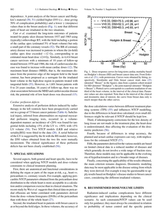 dependence. A joint analysis of the breast cancer and Hodg-
kin’s material (50, 51) yielded higher D50 (i.e., dose giving
50% of complication probability) and a lower g (steepness)
values than in the breast analysis (Fig. 1); note that different
parts of heart are irradiated in the two situations.
Carr et al. examined the long-term outcomes of patients
treated for peptic ulcer disease between 1937 and 1965 using
(typically) orthovoltage RT, with the ﬁeld including a portion
of the cardiac apex (estimated 5% of heart volume) but only
a small part of the coronary vessels (52). The RR of coronary
artery disease was increased in patients in whom the (in-ﬁeld)
cardiac apex dose exceeded $12 Gy, corresponding to an
estimated mean heart dose 2.6 Gy. Similarly, in 4,414 breast
cancer survivors with a minimum of 10 years of follow-up
treated between 1970 and 1986, the risk of cardiovascular dis-
ease was found to increase with mean cardiac doses (12). The
maximum heart distance (MHD), that is, the maximum dis-
tance from the posterior edge of the tangent ﬁeld to the heart
contour, has been proposed as a surrogate for the irradiated
heart volume in the high-dose region in patients treated with
tangential ﬁelds (53). However, in 1,601 breast patients with
0 to 24 years (median, 16 years) of follow-up, there was no
clear association between the MHD and cardiovascular disease
risk; the potential role of low heart doses was discussed (13).
Cardiac perfusion defects
Extensive analysis of perfusion defects induced by radio-
therapy in the left ventricle have been prospectively carried
out in a group of 73 breast cancer patients (Table 4). Subclin-
ical injury, inferred from abnormalities on regional myocar-
dial perfusion imaging tests, occurred in a volume-
dependent manner: an incidence of 20% was found for tan-
gential ﬁelds including 5% of the LV vs. 50% with 5%
LV volume (54). Two NTCP models (LKB and relative
seriality[RS]) were ﬁtted to the data (28). A serial behavior
of the LV is suggested by the ﬁt with the RS model; however,
the D50 values obtained from the two ﬁts were mutually
inconsistent. The clinical siginiﬁcance of these perfusion
defects has not been clearly established (54).
7. SPECIAL SITUATIONS
Several aspects, both general and heart speciﬁc, have to be
considered when applying NTCP models and dose–volume
constraints to clinical treatment planning.
First, there are anatomical and functional considerations in
deﬁning the organ or parts of the organ at risk, e.g., heart vs.
pericardium vs. coronary vessels. For example, applying peri-
carditis NTCP parameters obtained from the pericardium dose
distribution to the whole heart is more acceptable in a calcula-
tion and/or comparison exercise than in clinical situations. The
recent study by Wei et al. suggests that clinical data on pericar-
dial effusions are better correlated with parameters derived
from the dose–volume histograms (DVHs) of the pericardium
than with those of the whole heart (27).
Second, the irradiated heart in patients with breast cancer is
at or beyond the ﬁeld edges. In these volumes, the accuracy of
the dose calculations varies between different treatment plan-
ning systems (TPS) (55) and inﬂuences NTCP modelling,
due to the differences in heart dose calculated; even small dif-
ferences might be relevant if NTCP should be kept low.
Third, if inhomogeneity corrections for the low density of
lung tissue are not made in the treatment plan, the heart dose
is underestimated, thus affecting the evaluation of the dosi-
metric predictors (56).
Fourth, because of differences in setup accuracy, the
planned and actual cardiac exposures can vary, with implica-
tions for the estimated NTCP (57).
Fifth,theparametersderivedforthevariousmodelsarebased
on limited clinical data in a reduced number of diseases and
which generally do not involve a wide range of fraction sizes.
Therefore, these models may not be applicable in the evolving
era of hypofractionation and in a broader range of diseases.
Finally, concerning the applicability of the results obtained,
the main criterion remains diagnosis. Dosimetric modeling
data may be most applicable in the disease setting from which
they were derived. For example it may be questionable to ap-
ply results based on Hodgkin’sdisease studies to breast cancer
cases, considering the different irradiated volumes.
8. RECOMMENDED DOSE/VOLUME LIMITS
Radiation-induced cardiac complications have different
signiﬁcance and implications depending on the clinical
scenario. As such constraints/NTCP values can be used
only for guidance; they must always be considered in relation
to probability of tumor control and the speciﬁc patient
Fig. 1. Dose–response curves for long-term cardiac mortality based
on Hodgkin’s disease (HD) and breast cancer data sets. From Eriks-
son et al. (51), with permission. Curves were obtained by ﬁtting, re-
spectively, Stockholm and Oslo breast cancer trials data (25)
(denoted ‘‘Breast’’ in the ﬁgure); data from a patient cohort treated
for HD (denoted ‘‘Hodgkin’’), the joint material (denoted ‘‘Hodgkin
+ Breast’’). Plotted curve corresponds to a uniform irradiation of one
third of the heart volume, in the interval of the clinical data. Param-
eter values are also reported. Note that in the interval of the clinical
and dosimetric data of interest, the curve from breast data only is
much steeper than the other curves.
S82 I. J. Radiation Oncology d Biology d Physics Volume 76, Number 3, Supplement, 2010
 
