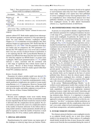 patients without CCT. Both studies applied tissue inhomoge-
neity and linear-quadratic corrections to 2-Gy equivalent reg-
imens but used different reference esophageal lengths.
Chapet et al. (13) excluded the cervical esophagus; thus, their
reference length was approximately 20% shorter than that of
Belderbos et al. (19). Table 2 lists the parameters from these
two studies and, for comparison, the 1991 parameters (31).
Because the 1991 endpoint was a very severe and, in modern
times very rare, toxicity of clinical stricture or perforation, it
is not surprising that the 1991 Lyman-Kutcher-Burman pa-
rameters are different from those from the more recent studies
for which the endpoint was RTOG Grade 2 or greater acute
esophagitis. Both recent parameterizations (13, 19) yielded
mid-size n values, consistent with the correlation with
a wide range of signiﬁcant dose–volume factors noted in
the section, ‘‘Review of Dose–Volume Published Data.’’
The Lyman parameters of the two studies agreed within their
broad 95% conﬁdence intervals.
Relative Seriality Model
Parameters for relative seriality model were derived (32)
from partial irradiation tabulation of Emami et al. (33). Re-
cent planning study (34) found this model/parameter combi-
nation predicted a complication rate similar to Lyman model
using Burman et al. (31) parameters. However, because both
were parameterized to ﬁt the Emami data, neither might be
relevant to the studies and milder endpoints reviewed in sec-
tion ‘‘Review of Dose–Volume Published Data.’’
General comments
Because acute esophagitis events occur mainly during
a course of therapy, the rapidity of dose accumulation might
be more important than the ﬁnal overall dose (much of which
is delivered after the complication risk has peaked). No cur-
rent models account for the course of a complication relative
to the number of fractions delivered. It also follows that ex-
isting models and dose–volume parameters should not be ap-
plied to regimens in which the number of fractions is much
different from 30–35 Gy without careful additional study.
7. SPECIAL SITUATIONS
Hypofractionation for central lesions can expose parts of
the esophagus to relatively large doses per fraction. Predic-
tions using conventional fractionation should not be applied
to such treatments unless they have been validated by addi-
tional study. Although a few reports have been published
of serious esophageal toxicity from hypofractionation (35),
no comprehensive dose–volume-based analyses have been
published. Similarly, no large body of data exists on long-
term esophageal toxicity of other altered fractionation
schemes (e.g., hyperfractionation; in-ﬁeld boost).
8. RECOMMENDED DOSE–VOLUME LIMITS
At present, it is not possible to identify a single best thresh-
old volumetric parameter for esophageal irradiation, because
a wide range of Vdose parameters correlate signiﬁcantly with
severe acute esophagitis. In particular, the studies we ana-
lyzed illustrate a clear trend demonstrating that volumes re-
ceiving 40–50 Gy correlated signiﬁcantly with acute
esophagitis (Fig. 1) (24). In particular, for high-dose conven-
tionally fractionated non–small-cell lung cancer treatments, it
is prudent to ensure that the dose to even small volumes of the
esophagus does not exceed the prescription dose. This is
a particular risk of intensity-modulated RT if no esophagus
constraints are imposed in the planning process and the radi-
ation dose is ‘‘dumped’’ inadvertently in the region of the
esophagus. The ongoing Phase III Intergroup trial (RTOG
0617) has recommended (but has not mandated) that the
mean dose to the esophagus be kept to 34 Gy and that the
esophageal V60 be calculated for each patient enrolled in
the trial. These recommendations were based on the Wash-
ington University experience (7) (Table 2). An inability to
provide speciﬁc ‘‘dose limits’’ for the esophagus in this large
cooperative group trial illustrates the lack of evidence that
any absolute limits can be imposed on the basis of current
published data. However, from the clinical reports without
detailed dosimetric esophageal dose correlates, it appears
safe to give doses as great as 74 Gy to a segment of the esoph-
agus with concurrent carboplatin and paclitaxel (36–38).
In the section ‘‘Mathematical/Biologic Models,’’ we de-
scribed several mathematical models that correlate with the
incidence of Grade 2 or greater acute esophagitis for speciﬁc
study populations. Clinicians with appropriate treatment
planning resources might ﬁnd such models interesting and
useful, particularly when making decisions between compet-
ing treatment plans. However, it is important to recognize
that, at present, these models are tentative as best. A prudent
approach to using any mathematical model is to ﬁrst do a ret-
rospective ‘‘test drive’’ to determine whether predictions are
in qualitative agreement with the complications observed at
one’s own center, subject to local contouring protocols, treat-
ment beam arrangements, and patient populations.
9. FUTURE TOXICITY STUDIES
New thoracic protocols that have acute esophagitis toxicity
as an endpoint should specify one or more dose–volume
models to test prospectively. Future analyses of esophagitis
should ideally include the time of onset, because the compli-
cation occurs from the dose accumulated during the course of
Table 2. Three parameterizations of Lyman-Kutcher-
Burman model for esophageal complications
Investigator TD50 (Gy) n m
Burman et al.
(31), 1991
68 0.06 0.11
Chapet et al.
(13), 2005
51 (29–82) 0.44 (0.11–1.41) 0.32 (0.19–0.57)
Belderbos et al.
(19), 2005
47 (41–60) 0.69 (0.18–6.3) 0.36 (0.25–0.55)
Abbreviation: TD50 = median toxic dose.
Burman values derived from ‘‘Emami’’ estimates for more severe
endpoint.
Dose–volume effects in esophagus d M. WERNER-WASIK et al. S91
 