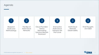 | @ema_research
Agenda
Research
Goals and
Methodology
1 2 3
The Rise of
Multi-Cloud
Networks
Cloud Providers’
Native
Networking
Solutions Remain
Dominant
4
End-to-End
Multi-Cloud
Solutions are
the Future
5
Multi-Cloud
Network
Observability
6
Final Thoughts
and Q&A
© 2023 Enterprise Management Associates, Inc. 5
| @ema_research
 