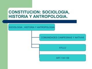 CONSTITUCION: SOCIOLOGIA,
HISTORIA Y ANTROPOLOGIA.
SOCIOLOGIA , HISTORIA Y ANTROPOLOGIA
COMUNIDADES CAMPESINAS Y NATIVAS
AYLLU
ART.134-139
 