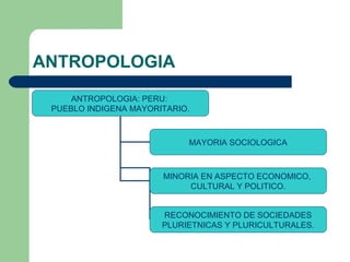 ANTROPOLOGIA
ANTROPOLOGIA: PERU:
PUEBLO INDIGENA MAYORITARIO.
MAYORIA SOCIOLOGICA
MINORIA EN ASPECTO ECONOMICO,
CULTURAL Y POLITICO.
RECONOCIMIENTO DE SOCIEDADES
PLURIETNICAS Y PLURICULTURALES.
 