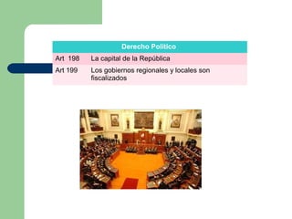 Derecho Político
Art 198 La capital de la República
Art 199 Los gobiernos regionales y locales son
fiscalizados
 