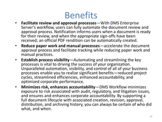 Benefits
• Facilitate review and approval processes—With DMS Enterprise
Server’s workflow, users can fully automate the document review and
approval process. Notification informs users when a document is ready
for their review, and when the appropriate sign-offs have been
received; an official PDF rendition can be automatically created.
• Reduce paper work and manual processes—accelerate the document
approval process and facilitate tracking while reducing paper work and
manual practices.
• Establish process visibility—Automating and streamlining the key
processes is vital to driving the success of your organization.
Unparalleled automation, visibility, and control of all of your business
processes enable you to realize significant benefits—reduced project
cycles, streamlined efficiencies, enhanced accountability, and
optimized corporate performance.
• Minimizes risk, enhances accountability—DMS Workflow minimizes
exposure to risk associated with audit, regulatory, and litigation issues,
and ensures and enhances corporate accountability. By supporting a
full document lifecycle with associated creation, revision, approval,
distribution, and archiving history, you can always be certain of who did
what, and when.
15
 
