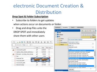 electronic Document Creation &
Distribution
Drop Spot & Folder Subscription
• Subscribe to folders to get updates
when actions occur on documents or folder.
• Drag and drop files unto the
DROP SPOT and immediately
share them with other users
9
 