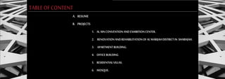 Related Projects :
Al shams Office : Residential villas.
Senior Project : Al Ain Exhibition and Convntion Center,
Green Building designed according to LEED criteria to achieve LEED
degree.
Basic Design : Residential house
Design I : Kiosk.
Design I : Kindergarten.
Design I : Art Centre.
Design II : Public Toilet.
Design II : Office Building.
Design III : Residential Building,
Apartments Complex of 1, 2, and 3 bedrooms apartments
Design IV : Laboratory and Research Centre.
Design V : Rehabilitation for Al Merijah, Sharjah,
Related Projects :
Al shams Office : Residential villas.
Senior Project : Al Ain Exhibition and Convntion Center,
Green Building designed according to LEED criteria to achieve LEED
degree.
Basic Design : Residential house
Design I : Kiosk.
Design I : Kindergarten.
Design I : Art Centre.
Design II : Public Toilet.
Related Projects :
Al shams Office : Residential villas.
Senior Project : Al Ain Exhibition and Convntion Center,
Green Building designed according to LEED criteria to achieve LEED
degree.
Basic Design : Residential house
Design I : Kiosk.
Design I : Kindergarten.
Design I : Art Centre.
Design II : Public Toilet.
Related Projects :
Al shams Office : Residential villas.
Senior Project : Al Ain Exhibition and Convntion Center,
Green Building designed according to LEED criteria to achieve LEED
degree.
Basic Design : Residential house
Design I : Kiosk.
Design I : Kindergarten.
Design I : Art Centre.
Design II : Public Toilet.
Design II : Office Building.
Design III : Residential Building,
Apartments Complex of 1, 2, and 3 bedrooms apartments
Design IV : Laboratory and Research Centre.
Design V : Rehabilitation for Al Merijah, Sharjah,
A. RESUME
B. PROJECTS
1. ALAINCONVENTIONANDEXHIBITIONCENTER.
2. RENOVATIONANDREHABILITATIONOFALMARIJAHDISTRICTIN SHARHJAH.
3. APARTMENTBUILDING.
4. OFFICEBUILDING
5. RESIDENTIALVILLAS.
6. MOSQUE.
TABLEOFCONTENT
 
