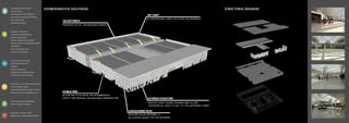 STRUCTURALDIAGRAMENVIRONMENTALSOLUTIONS
SOLAR PANELS
PRODUCE %12 OF THR BUILDING ENERGY
EXTERIOR STRUCTURE
PROTECT EAST FACING GLAZING AND ALLOW
PORTIONS OF LIGHT TO GET TO THE ENTRANCE LOBBY
CANTILEVERED ROOF
HIGH SRI VALUE MATERIAL A
ND OFFERS SHADE FOR THE INTERIOR
DOUBLE SKIN
ALLOW AIR TO FLOW IN THE INTERMEDIATE
CAVITY AND REDUCE THE BUILDING TEMPERATURE
SKY LIGHT
ALLOW NATURAL LIGHT TO FLOOD THE INTERIOR
- LOW CONSUMPTION AUTOMATIC
FLUSH IN TOILETS
- FLOW RESTRICLORS FOR IRRIGATION
- USE OF NATIVE PLANTS FOR LANDSCAPE
- USE OF GREY WATER
- UNDERGROUND PARKING
- COMMUNITY CONNECTIVITY
- ALTERNATIVE TRANSPORTATION
- %50 OPEN GREEN SPACES
- PREVOUS SURFACES FOR PAVEMENT
- SHADING DEVICES FOR PARKINGS WITH MORE T
SRI HIGHER 29
- LIGHT COLORED REFLECTED
MATERIALS FOR SURFACES
- LOW VOC PAINTS & COATINGS
- FILTRATION SYSTEM IN AIR
HANDLING
- DOUBLE SKIN BUILDING
- CONNECTION BETWEEN INDOOR AND
OUTDOOR ( DAY LIGHT AND VIEW )
- SOLAR PANELS ON THE ROOF GENERATING12 %
OF THE BUILDING’S ENERGY
- DOUBLE SKIN BUILDING TO REDUCE THE HEAT
- DESIGN ON SPACES TO MAXIMIZE DAY LIGHT
- CONSTRUCTION WASTE MANAGEMENT
- RAPIDLY RENEWBLE MATERIALS
- EDUCATING THE PROJECT TEAM
MEMBERS ABOUT GREEN BUILDINGS DESIGN
 