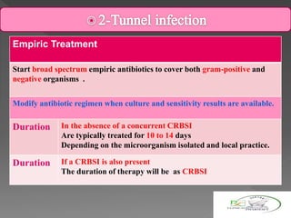 Empiric Treatment
Start broad spectrum empiric antibiotics to cover both gram-positive and
negative organisms .
Modify antibiotic regimen when culture and sensitivity results are available.
Duration In the absence of a concurrent CRBSI
Are typically treated for 10 to 14 days
Depending on the microorganism isolated and local practice.
Duration If a CRBSI is also present
The duration of therapy will be as CRBSI
 