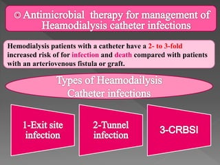 Hemodialysis patients with a catheter have a 2- to 3-fold
increased risk of for infection and death compared with patients
with an arteriovenous fistula or graft.
 