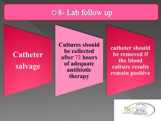 Catheter
salvage
Cultures should
be collected
after 72 hours
of adequate
antibiotic
therapy
catheter should
be removed if
the blood
culture results
remain positive
 