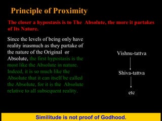 Similitude is not proof of Godhood. Principle of Proximity The closer a hypostasis is to The  Absolute, the more it partakes of Its Nature. Since the levels of being only have reality inasmuch as they partake of the nature of the Original  or Absolute,  the first hypostasis is the most like the Absolute in nature.  Indeed, it is so much like the Absolute that it can itself be called the Absolute, for it is the  Absolute relative to all subsequent reality. Vishnu-tattva Shiva-tattva etc 