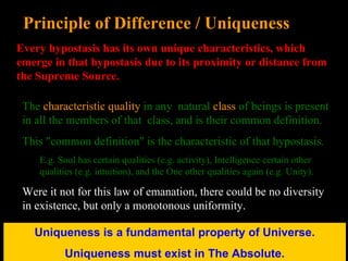 Uniqueness is a fundamental property of Universe. Uniqueness must exist in The Absolute. Principle of Difference / Uniqueness Every hypostasis has its own unique characteristics, which emerge in that hypostasis due to its proximity or distance from the Supreme Source. The  characteristic quality  in any  natural  class  of beings is present in all the members of that  class, and is their common definition. This "common definition" is the characteristic of that hypostasis.   E.g. Soul has certain qualities (e.g. activity), Intelligence certain other qualities (e.g. intuition), and the One other qualities again (e.g. Unity). Were it not for this law of emanation, there could be no diversity in existence, but only a monotonous uniformity. 