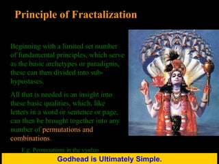 Godhead is Ultimately Simple. Principle of Fractalization Beginning with a limited set number of fundamental principles, which serve as the basic archetypes or paradigms, these can then divided into sub-hypostases. All that is needed is an insight into these basic qualities, which, like letters in a word or sentence or page, can then be brought together into any number of  permutations and combinations . E.g. Permutations in the vyuhas 