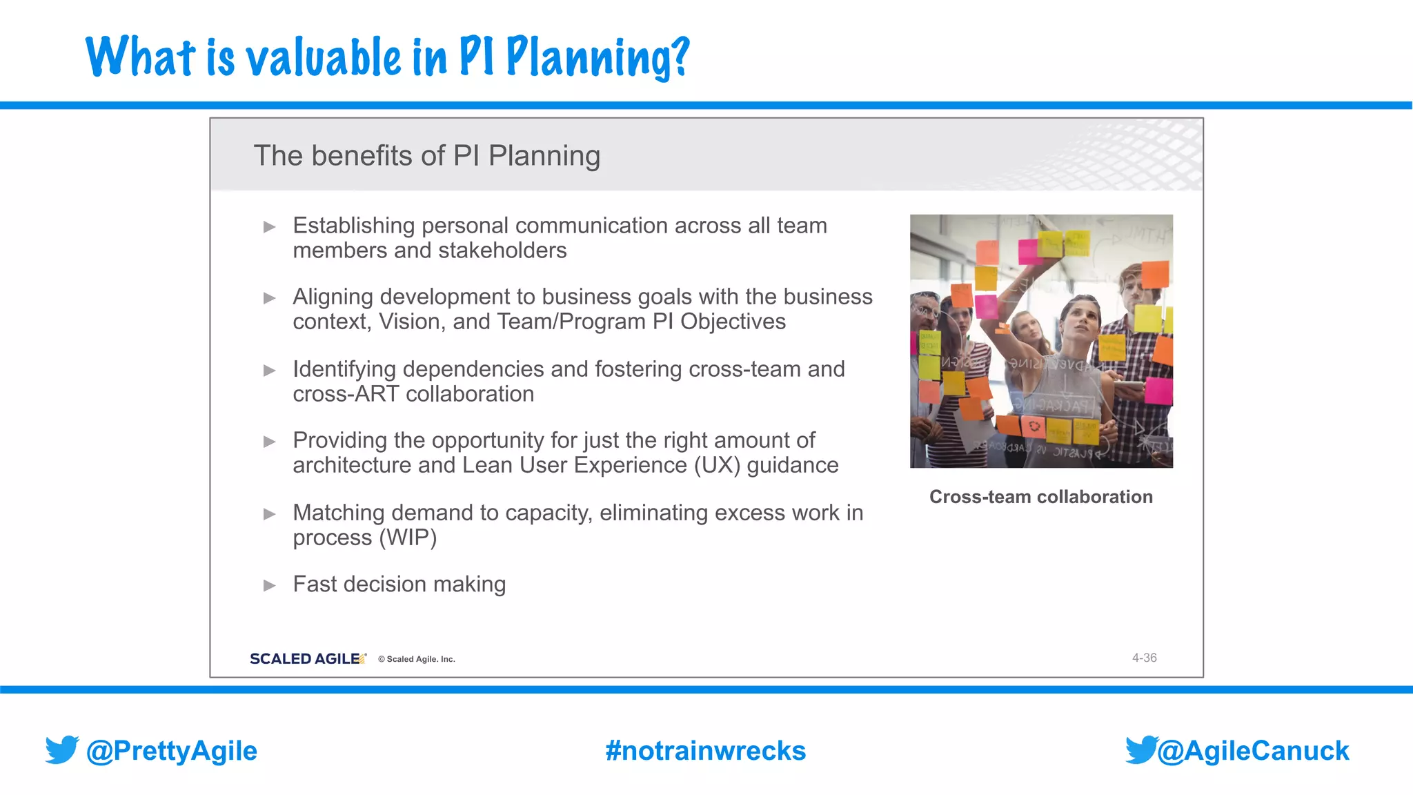 @AgileCanuck
@PrettyAgile #notrainwrecks
What is valuable in PI Planning?
© Scaled Agile. Inc.
► Establishing personal communication across all team
members and stakeholders
► Aligning development to business goals with the business
context, Vision, and Team/Program PI Objectives
► Identifying dependencies and fostering cross-team and
cross-ART collaboration
► Providing the opportunity for just the right amount of
architecture and Lean User Experience (UX) guidance
► Matching demand to capacity, eliminating excess work in
process (WIP)
► Fast decision making
Cross-team collaboration
4-36
The benefits of PI Planning
 