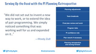 @AgileCanuck
@PrettyAgile #notrainwrecks
Turning Up the Good with the PI Planning Retrospective
“We did not set out to invent a new
way to work, or to extend the idea
of pair programming. We simply
noticed something that was
working well for us and expanded
on it..”
—Woody Zuill
 