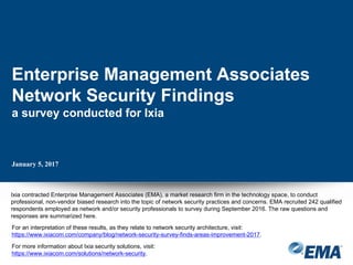 Ixia contracted Enterprise Management Associates (EMA), a market research firm in the technology space, to conduct
professional, non-vendor biased research into the topic of network security practices and concerns. EMA recruited 242 qualified
respondents employed as network and/or security professionals to survey during September 2016. The raw questions and
responses are summarized here.
Enterprise Management Associates
Network Security Findings
a survey conducted for Ixia
January 5, 2017
For an interpretation of these results, as they relate to network security architecture, visit:
https://www.ixiacom.com/company/blog/network-security-survey-finds-areas-improvement-2017.
For more information about Ixia security solutions, visit:
https://www.ixiacom.com/solutions/network-security.
 