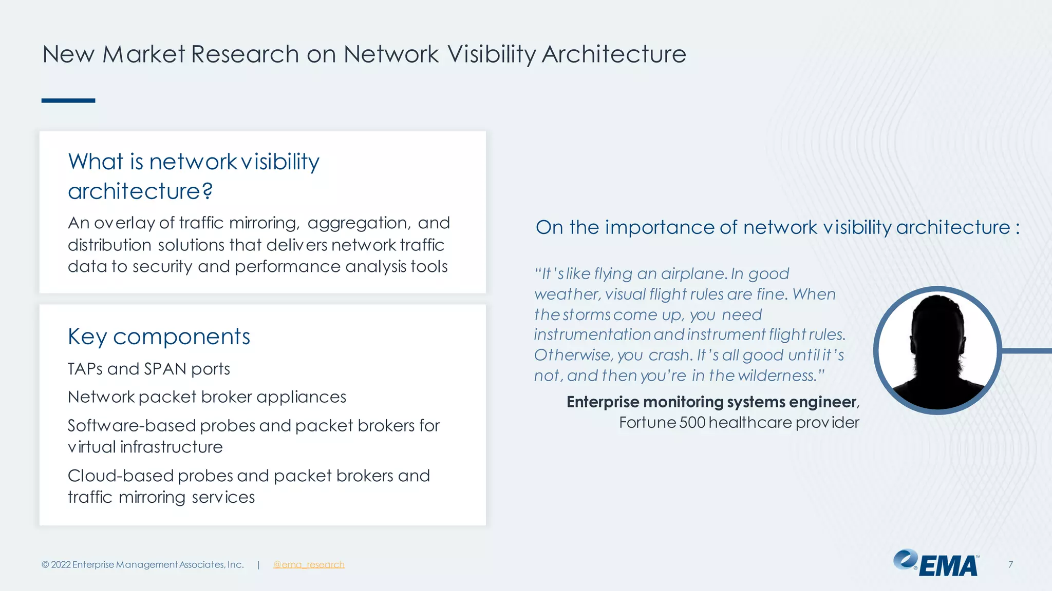 | @ema_research
New Market Research on Network Visibility Architecture
© 2022 Enterprise ManagementAssociates, Inc. 7
“It’slike flying an airplane.In good
weather,visual flight rules are fine. When
thestormscome up, you need
instrumentationand instrument flight rules.
Otherwise,you crash. It’s all good until it’s
not,and then you’re in thewilderness.”
Enterprise monitoring systems engineer,
Fortune500 healthcare provider
What is networkvisibility
architecture?
An overlay of traffic mirroring, aggregation, and
distribution solutions that delivers network traffic
data to security and performance analysis tools
Key components
TAPs and SPAN ports
Network packet broker appliances
Software-based probes and packet brokers for
virtual infrastructure
Cloud-based probes and packet brokers and
traffic mirroring services
On the importance of network visibility architecture :
 