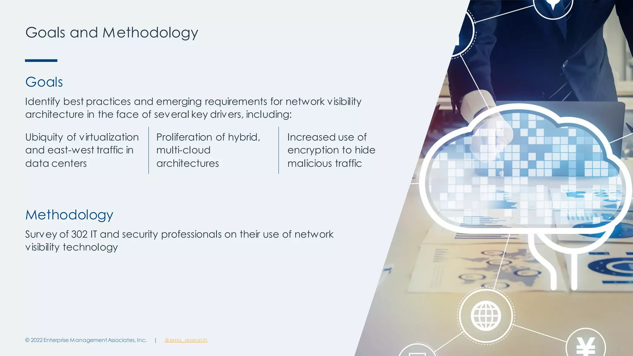 | @ema_research
Goals and Methodology
© 2022 Enterprise ManagementAssociates, Inc. 8
Goals
Identify best practices and emerging requirements for network visibility
architecture in the face of several key drivers, including:
Methodology
Survey of 302 IT and security professionals on their use of network
visibility technology
Ubiquity of virtualization
and east-west traffic in
data centers
Proliferation of hybrid,
multi-cloud
architectures
Increased use of
encryption to hide
malicious traffic
 