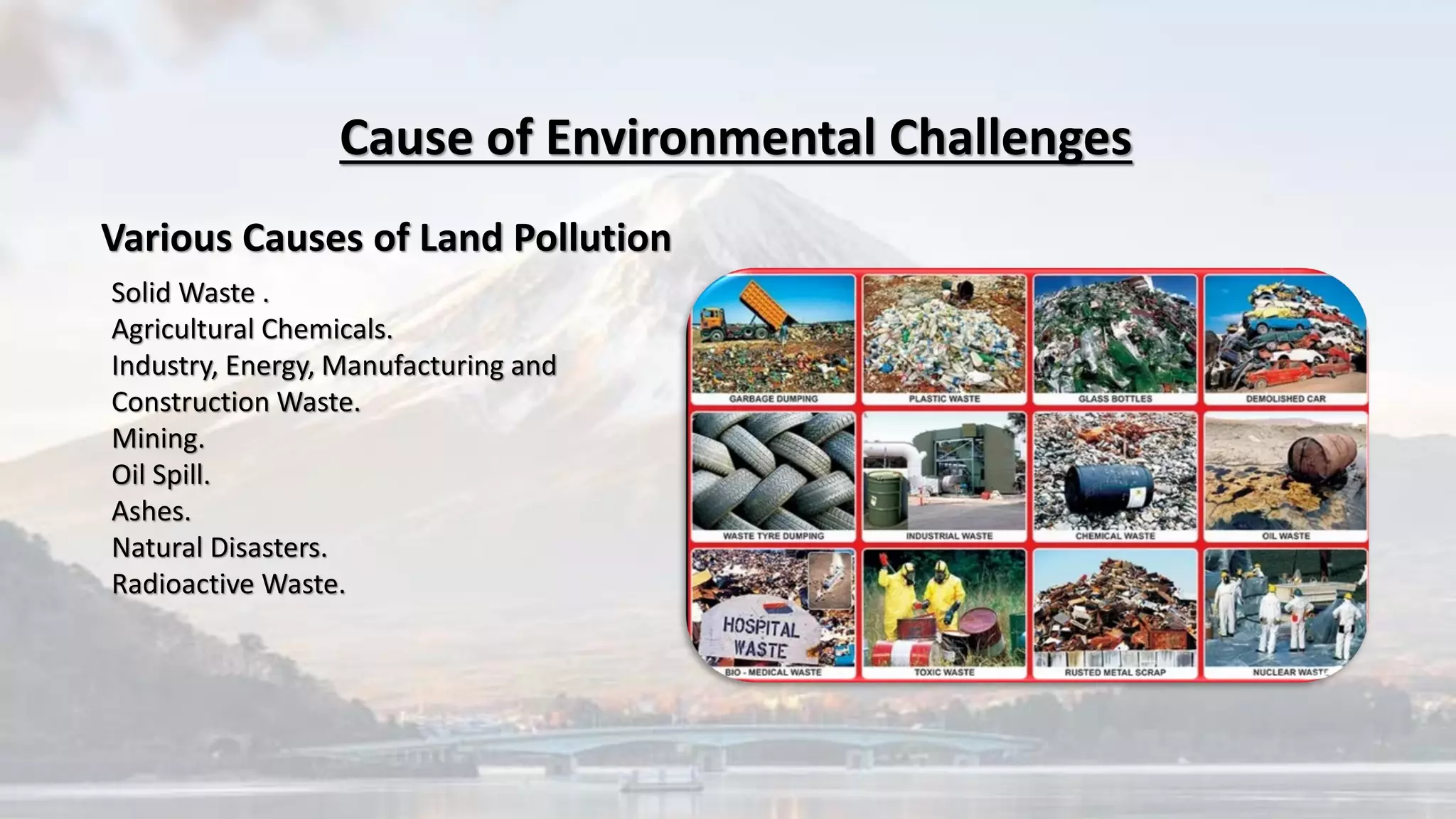 Cause of Environmental Challenges
Various Causes of Land Pollution
Solid Waste .
Agricultural Chemicals.
Industry, Energy, Manufacturing and
Construction Waste.
Mining.
Oil Spill.
Ashes.
Natural Disasters.
Radioactive Waste.
 