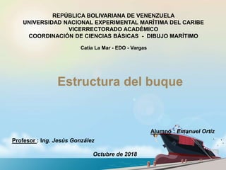 REPÚBLICA BOLIVARIANA DE VENENZUELA
UNIVERSIDAD NACIONAL EXPERIMENTAL MARÍTIMA DEL CARIBE
VICERRECTORADO ACADÉMICO
COORDINACIÓN DE CIENCIAS BÁSICAS - DIBUJO MARÍTIMO
Catia La Mar - EDO - Vargas
Estructura del buque
Profesor : Ing. Jesús González
Alumno : Emanuel Ortíz
Octubre de 2018
 