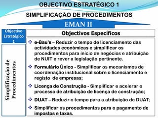 OBJECTIVO ESTRATÉGICO 1
SIMPLIFICAÇÃO DE PROCEDIMENTOS
EMAN II 14
Simplificaçãode
Procedimentos
Objectivo
Estratégico
1  e-Bau’s – Reduzir o tempo de licenciamento das
actividades económicas e simplificar os
procedimentos para início de negócios e atribuição
de NUIT e rever a legislação pertinente.
 Formulário Único - Simplificar os mecanismos de
coordenação institucional sobre o licenciamento e
registo de empresas;
 Licença de Construção - Simplificar e acelerar o
processo de atribuição de licença de construção;
 DUAT – Reduzir o tempo para a atribuição de DUAT;
 Simplificar os procedimentos para o pagamento de
impostos e taxas.
Objectivos Específicos
EMAN II
 