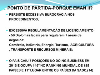  PERSISTE EXCESSIVA BUROCRACIA NOS
PROCEDIMENTOS;
 EXCESSIVA REGULAMENTAÇÃO DE LICENCIAMENTO
- 56 Diplomas legais para regularem 7 áreas de
negócios:
Comércio, Indústria, Energia, Turismo, AGRICULTURA
, TRANSPORTE E RECURSOS MINERAIS;
 O PAÍS CAIU 7 POSIÇÕES NO DOING BUSINESS EM
2013 E OCUPA 146º NO RANKING MUNDIAL DE 185
PAISES E 11º LUGAR ENTRE OS PAÍSES DA SADC.(14)
PONTO DE PARTIDA-PORQUE EMAN II?
 