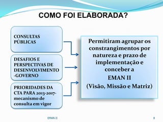 COMO FOI ELABORADA?
Permitiram agrupar os
constrangimentos por
natureza e prazo de
implementação e
conceber a
EMAN II
(Visão, Missão e Matriz)
EMAN II 8
CONSULTAS
PÚBLICAS
DESAFIOS E
PERSPECTIVAS DE
DESENVOLVIMENTO
-GOVERNO
PRIORIDADES DA
CTA PARA 2013-2017-
mecanismo de
consulta em vigor
 