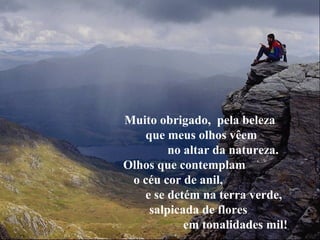 Muito obrigado, pela beleza 
que meus olhos vêem 
no altar da natureza. 
Olhos que contemplam 
o céu cor de anil, 
e se detém na terra verde, 
salpicada de flores 
em tonalidades mil! 
 