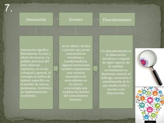 7.
Innovación Invento Descubrimiento
Innovación significa
literalmente Acción y
efecto de innovar. La
palabra proviene del
latín innovare.
Asimismo, en el uso
coloquial y general, el
concepto se utiliza de
manera específica en
el sentido de nuevas
propuestas, inventos y
su implementación
económica.
es un objeto, técnica
o proceso que posee
características
novedosas y
transformadoras.
algunas invenciones
también representan
una creación
innovadora sin
antecedentes en
la ciencia
o tecnología que
amplían los límites
del conocimiento
humano.
Un descubrimiento es
la observación
novedosa u original
de algún aspecto de
la realidad,
normalmente un
fenómeno natural; el
hallazgo, encuentro o
manifestación de lo
que estaba oculto y
secreto o era
desconocido.
 