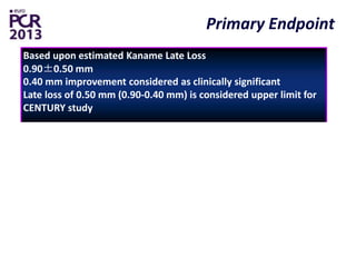 Primary Endpoint
Late Loss result
Kaname : 0.75±0.43 mm
Ultimaster : 0.04±0.35 mm
0 0.50
LL (mm)
Based upon estimated Kaname Late Loss
0.90±0.50 mm
0.40 mm improvement considered as clinically significant
Late loss of 0.50 mm (0.90-0.40 mm) is considered upper limit for
CENTURY study
Result:
Ultimaster = SUPERIOR p<0.0001
CENTURY
0.04
[-0.02 , 0.11] [0.70 , 0.81]
0.75
KARE
 