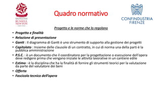 Quadro normativo
Progetto e le norme che lo regolano
• Progetto e finalità
• Relazione di presentazione
• Gantt : Il diagramma di Gantt è uno strumento di supporto alla gestione dei progetti
• Capitolato : Insieme delle clausole di un contratto, in cui di norma una della parti è la
pubblica amministrazione
• P.S.C. : è un documento che il coordinatore per la progettazione o esecuzione dell'opera
deve redigere prima che vengano iniziate le attività lavorative in un cantiere edile
• Estimo : è la disciplina che ha la finalità di fornire gli strumenti teorici per la valutazione
da parte del valutatore dei beni
• Offerta
• Fascicolo tecnico dell’opera
 