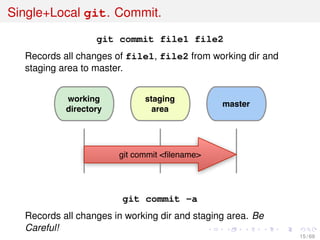 Single+Local git. Commit.
git commit file1 file2
Records all changes of file1, file2 from working dir and
staging area to master.
working
directory
staging
area
master
git commit <ﬁlename>
git commit -a
Records all changes in working dir and staging area. Be
Careful!
15 / 69
 