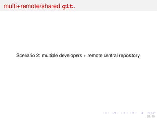 multi+remote/shared git.
Scenario 2: multiple developers + remote central repository.
26 / 69
 