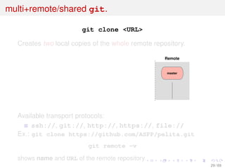 multi+remote/shared git.
git clone <URL>
Creates two local copies of the whole remote repository.
Remote
master
Available transport protocols:
ssh://, git://, http://, https://, file://
Ex.: git clone https://github.com/ASPP/pelita.git
git remote -v
shows name and URL of the remote repository.
29 / 69
 