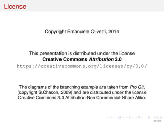 License
Copyright Emanuele Olivetti, 2014
This presentation is distributed under the license
Creative Commons Attribution 3.0
https://creativecommons.org/licenses/by/3.0/
The diagrams of the branching example are taken from Pro Git,
(copyright S.Chacon, 2009) and are distributed under the license
Creative Commons 3.0 Attribution-Non Commercial-Share Alike.
69 / 69
 