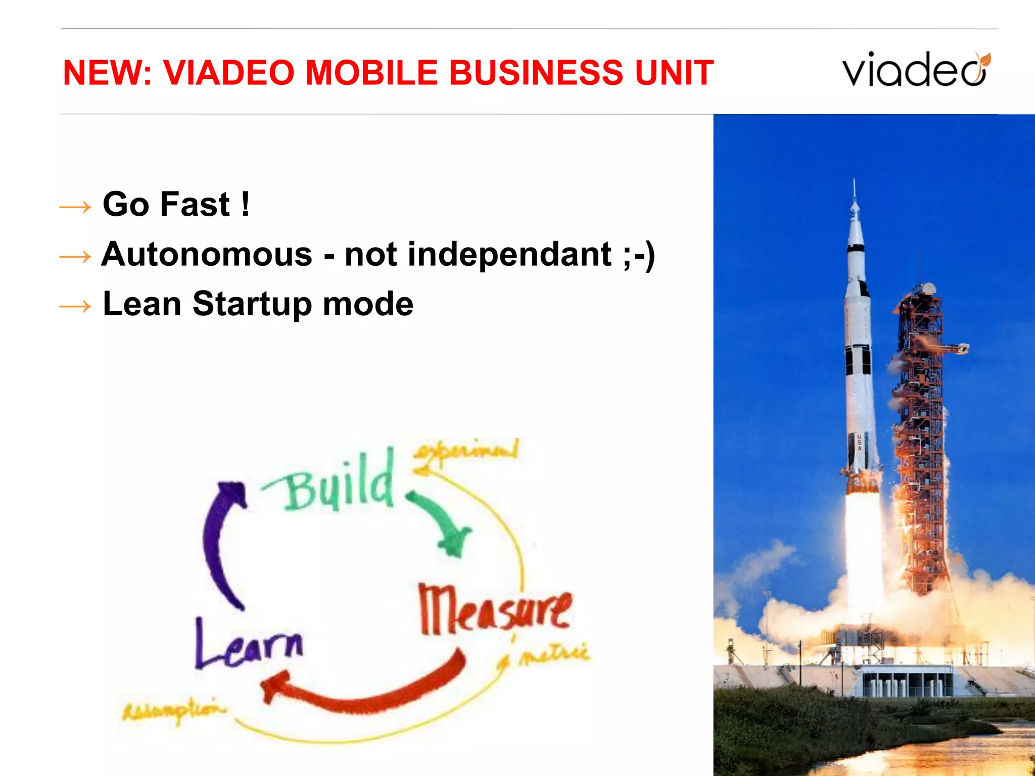 NEW: VIADEO MOBILE BUSINESS UNIT


→ Go Fast !
→ Autonomous - not independant ;-)
→ Lean Startup mode
 