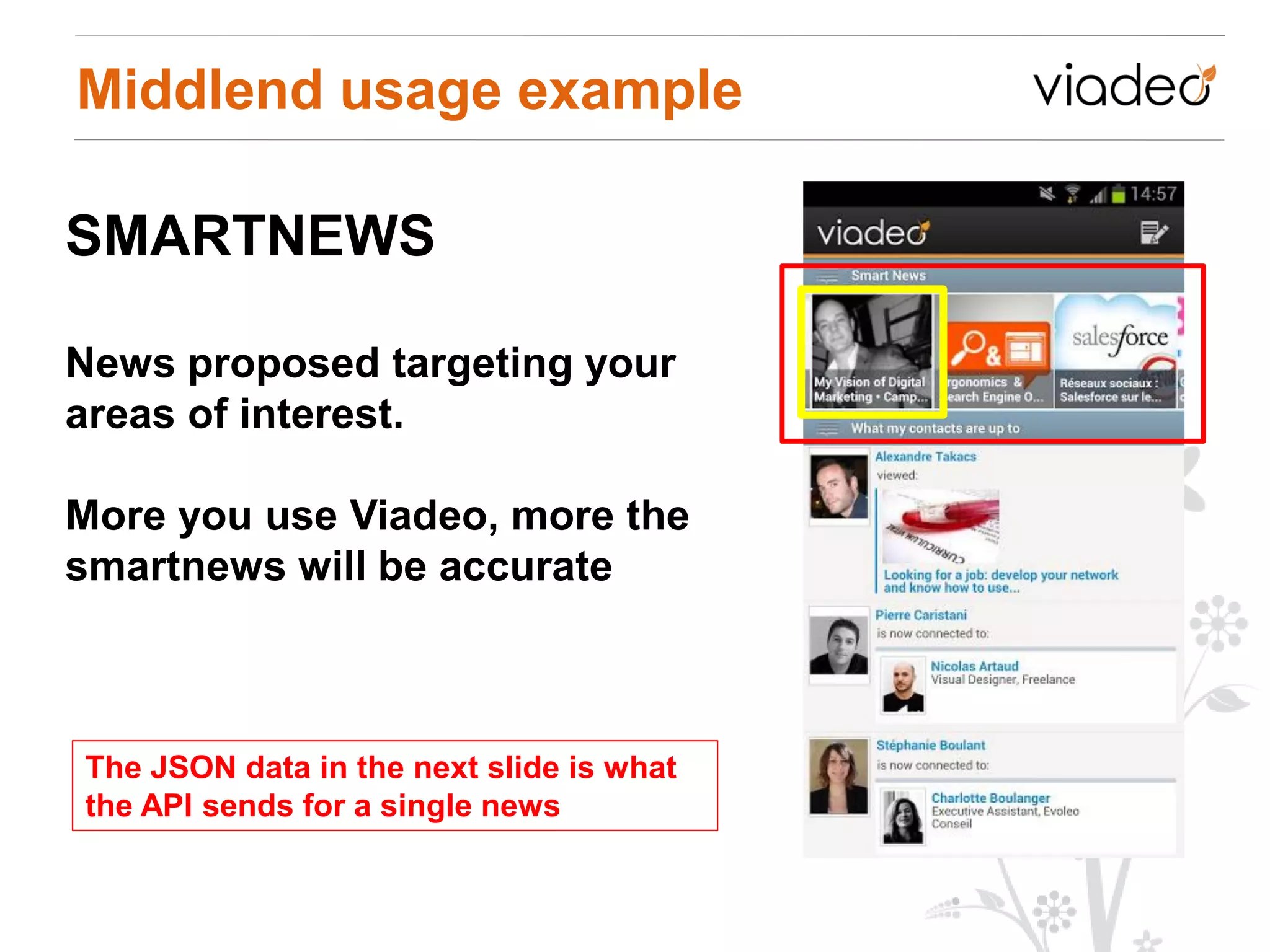 Middlend usage example

SMARTNEWS

News proposed targeting your
areas of interest.

More you use Viadeo, more the
smartnews will be accurate



The JSON data in the next slide is what
the API sends for a single news
 