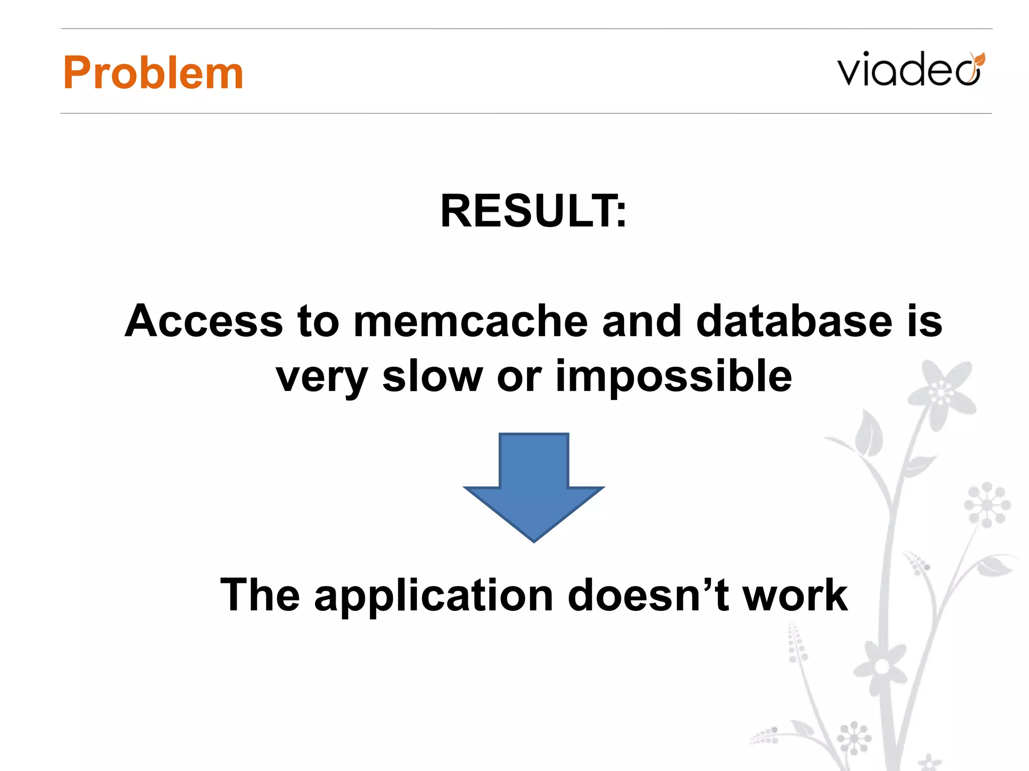 Problem


               RESULT:

  Access to memcache and database is
        very slow or impossible



      The application doesn’t work
 