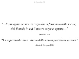 Dr. Emanuel Mian, PhD




“…l'immagine del nostro corpo che ci formiamo nella mente,
      cioè il modo in cui il nostro corpo ci appare… “
                                   (Schilder, 1935)


“La rappresentazione interna della nostra percezione esterna “
                            (Costa & Corazza, 2004)
 
