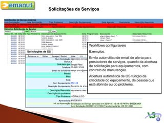 Solicitações de Serviços




                   Workflows configuráveis
                   Exemplos:
                   Envío automático de email de alerta para
                   prestadores de serviços, quando da abertura
                   de solicitação para equipamentos, com
                   contrato de manutenção.
                   Abertura automática de OS função da
                   criticidade do equipamento, da pessoa que
                   está abrindo ou do problema.
 