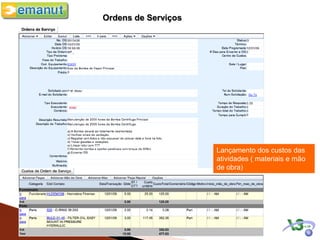 Ordens de Serviços




                     Lançamento dos custos das
                     atividades ( materiais e mão
                     de obra)
 