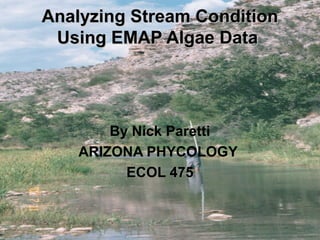 Analyzing Stream ConditionAnalyzing Stream Condition
Using EMAP Algae DataUsing EMAP Algae Data
By Nick Paretti
ARIZONA PHYCOLOGY
ECOL 475
 