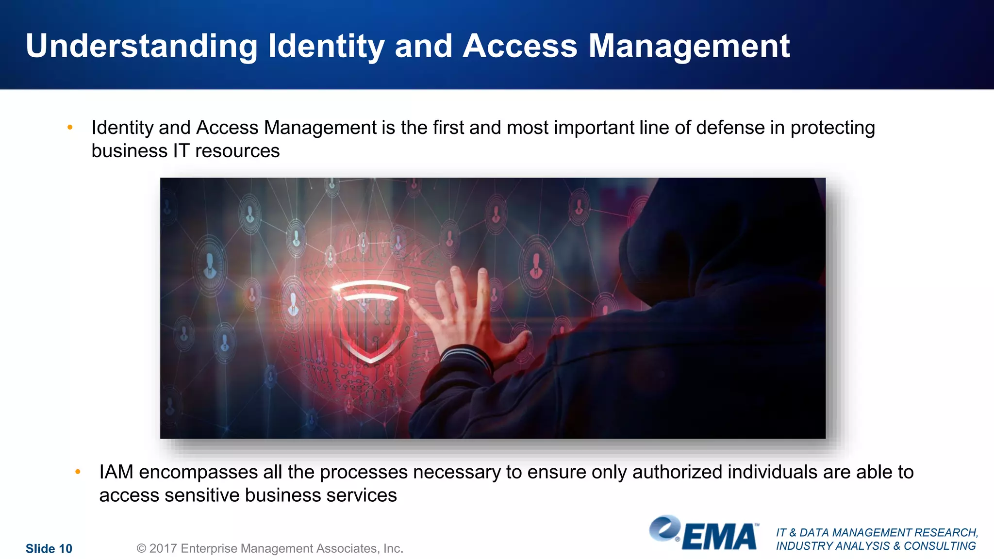 IT & DATA MANAGEMENT RESEARCH,
INDUSTRY ANALYSIS & CONSULTING
Understanding Identity and Access Management
• Identity and Access Management is the first and most important line of defense in protecting
business IT resources
Slide 10 © 2017 Enterprise Management Associates, Inc.
• IAM encompasses all the processes necessary to ensure only authorized individuals are able to
access sensitive business services
 