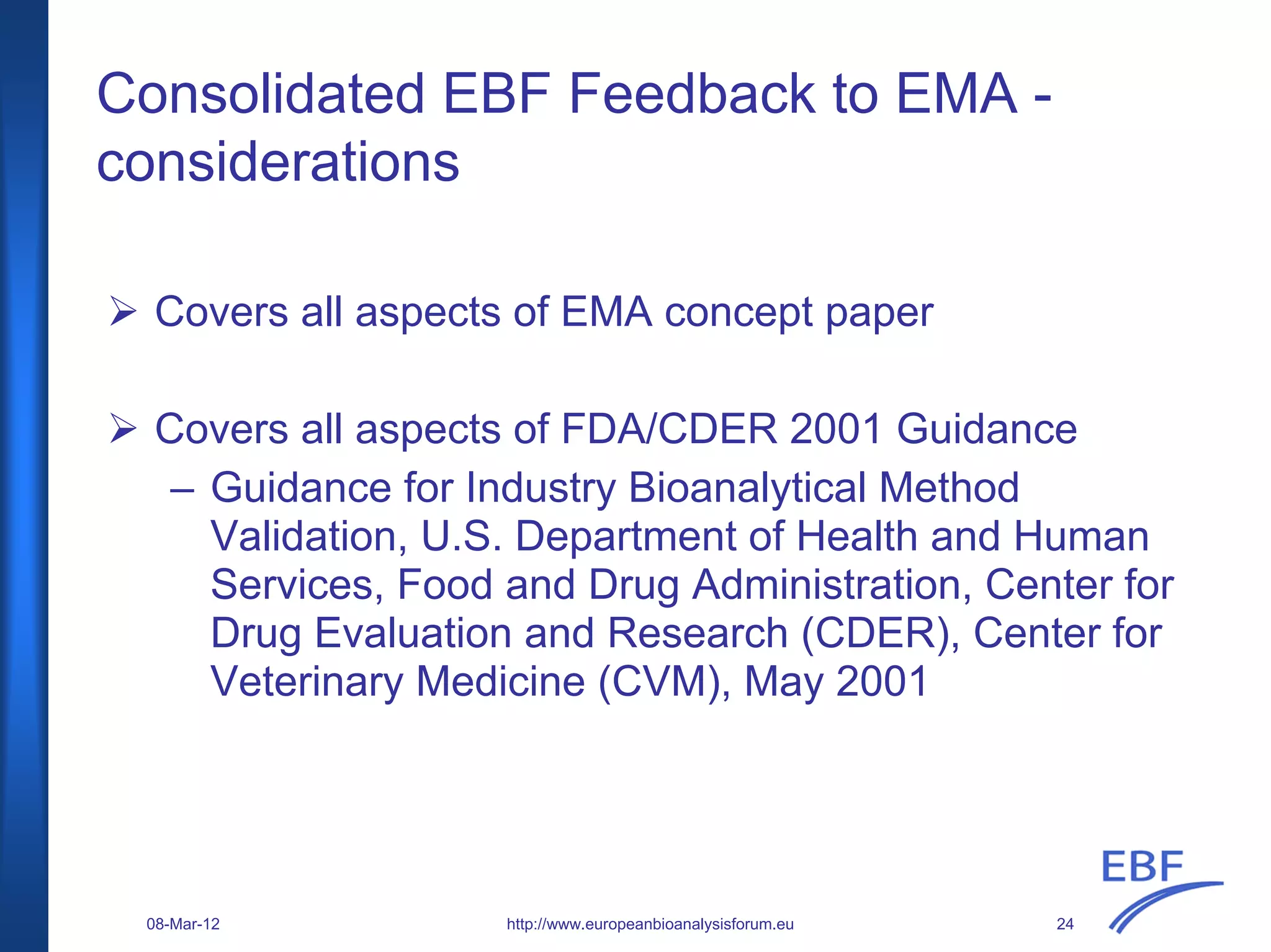 Covers all aspects of EMA concept paper
Covers all aspects of FDA/CDER 2001 Guidance
– Guidance for Industry Bioanalytical Method
Validation, U.S. Department of Health and Human
Services, Food and Drug Administration, Center for
Drug Evaluation and Research (CDER), Center for
Veterinary Medicine (CVM), May 2001
Consolidated EBF Feedback to EMA -
considerations
http://www.europeanbioanalysisforum.eu08-Mar-12 24
 