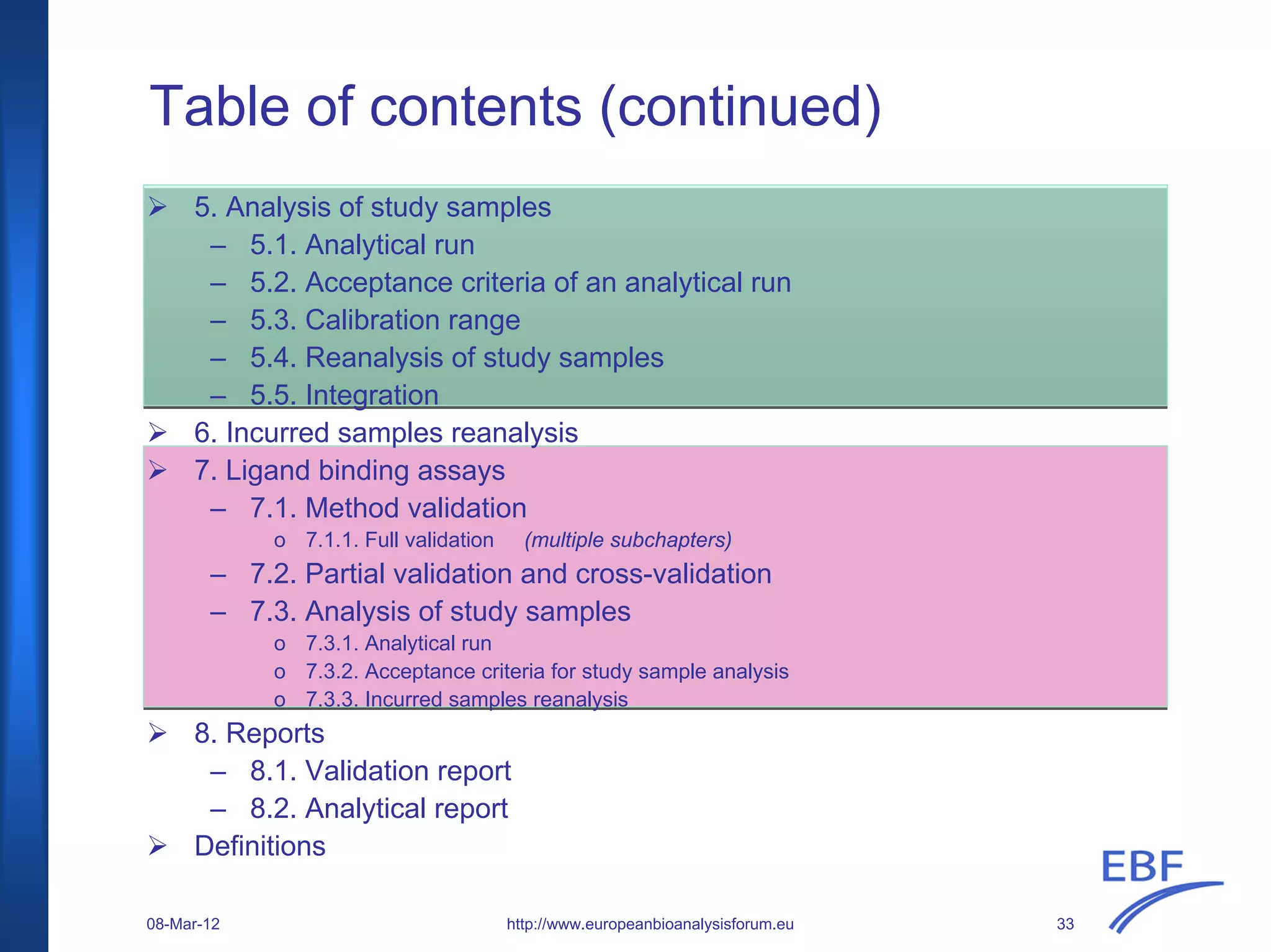 Table of contents (continued)
5. Analysis of study samples
– 5.1. Analytical run
– 5.2. Acceptance criteria of an analytical run
– 5.3. Calibration range
– 5.4. Reanalysis of study samples
– 5.5. Integration
6. Incurred samples reanalysis
7. Ligand binding assays
– 7.1. Method validation
o 7.1.1. Full validation (multiple subchapters)
– 7.2. Partial validation and cross-validation
– 7.3. Analysis of study samples
o 7.3.1. Analytical run
o 7.3.2. Acceptance criteria for study sample analysis
o 7.3.3. Incurred samples reanalysis
8. Reports
– 8.1. Validation report
– 8.2. Analytical report
Definitions
http://www.europeanbioanalysisforum.eu08-Mar-12 33
 