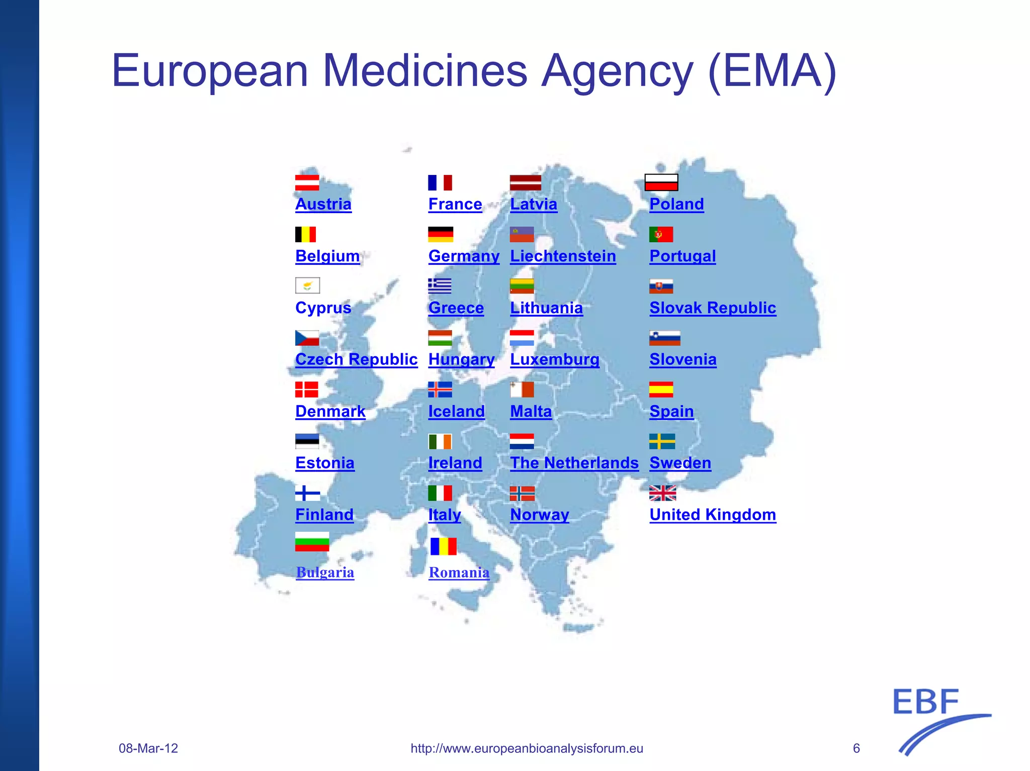 European Medicines Agency (EMA)
Bulgaria
Austria France Latvia Poland
Belgium Germany Liechtenstein Portugal
Cyprus Greece Lithuania Slovak Republic
Czech Republic Hungary Luxemburg Slovenia
Denmark Iceland Malta Spain
Estonia Ireland The Netherlands Sweden
Finland Italy Norway United Kingdom
Romania
http://www.europeanbioanalysisforum.eu 608-Mar-12
 