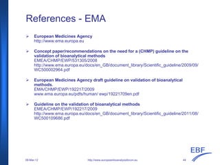 References - EMA
European Medicines Agency
http://www.ema.europa.eu
Concept paper/recommendations on the need for a (CHMP) guideline on the
validation of bioanalytical methods
EMEA/CHMP/EWP/531305/2008
http://www.ema.europa.eu/docs/en_GB/document_library/Scientific_guideline/2009/09/
WC500002964.pdf
European Medicines Agency draft guideline on validation of bioanalytical
methods.
EMA/CHMP/EWP/192217/2009
www.ema.europa.eu/pdfs/human/ ewp/19221709en.pdf
Guideline on the validation of bioanalytical methods
EMEA/CHMP/EWP/192217/2009
http://www.ema.europa.eu/docs/en_GB/document_library/Scientific_guideline/2011/08/
WC500109686.pdf
http://www.europeanbioanalysisforum.eu08-Mar-12 44
 